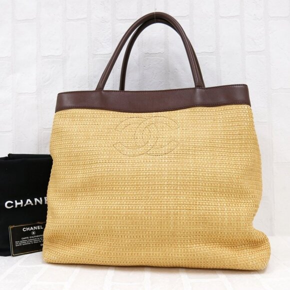 Authentic CHANEL Raffia Tote Summer Shoulder Bag Straw Beige Brown - Picture 2 of 16
